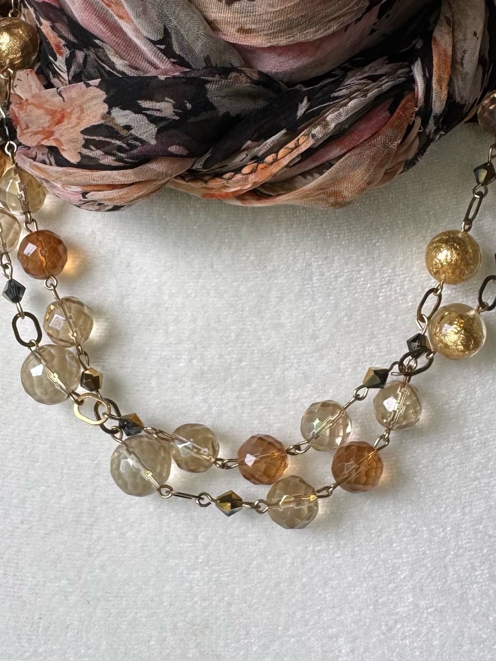 Double Strand Faceted Glass Bead Necklace 21” Champagne Amber Bronze Gold Tone